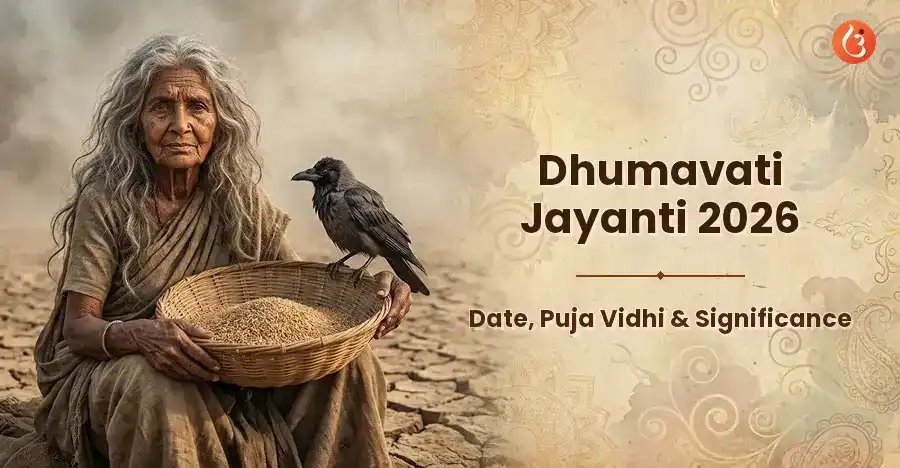 Goddess Dhumavati depicted in a cosmic, smoky void, holding a winnowing basket.