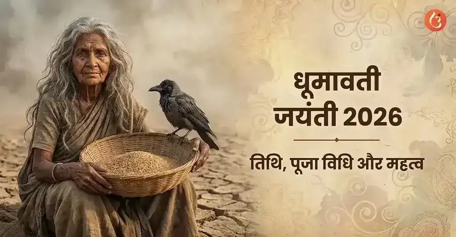 Goddess Dhumavati depicted in a cosmic, smoky void, holding a winnowing basket.