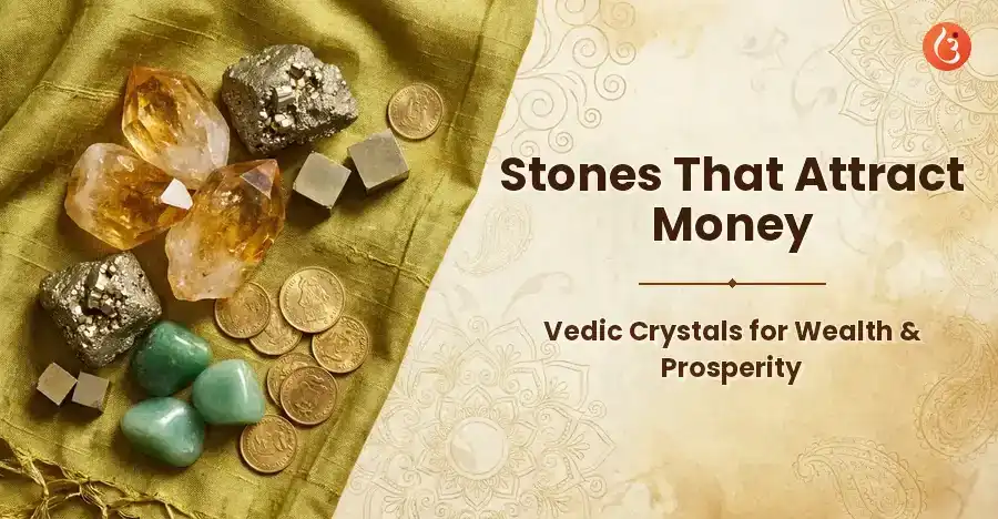 A collection of wealth-attracting crystals like Citrine, Pyrite, and Green Aventurine arranged beautifully.