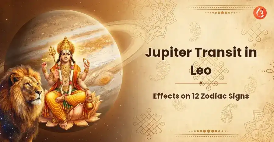 Jupiter transit in Leo showing the planet Jupiter over the Leo zodiac sign.
