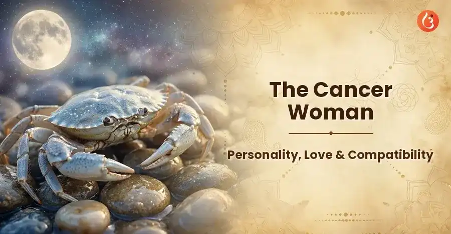 A Cancer woman represented by the crab and the moon, symbolizing her emotional and intuitive nature.