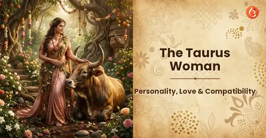 A depiction of a Taurus woman, representing Vrishabha Rashi, with earthy and Venusian symbols.