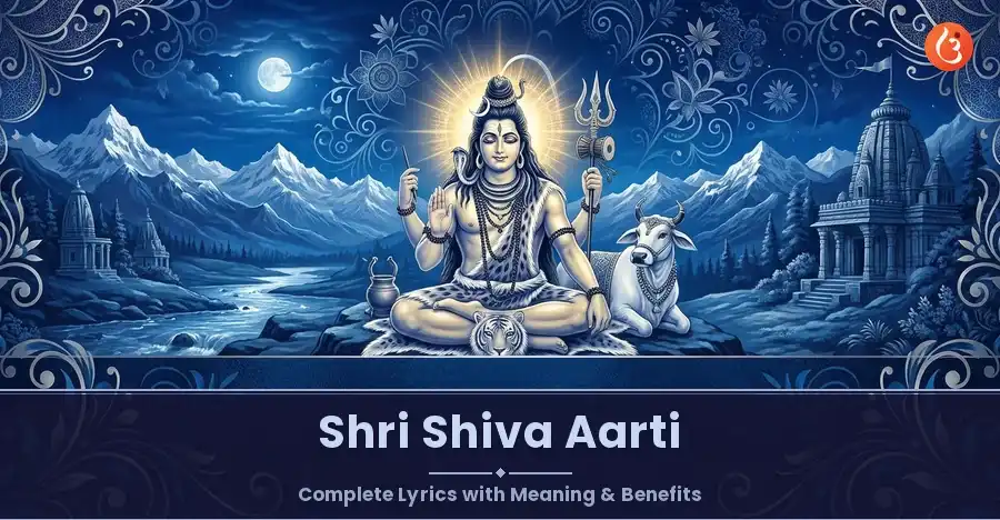 A depiction of Lord Shiva during Aarti, with a lamp and serene expression.
